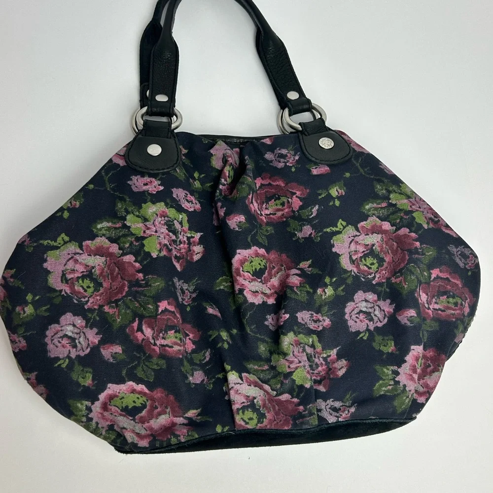 Vintage LUCKY Hobo Floral Cotton Black Tote Bag Leather Trim and Straps